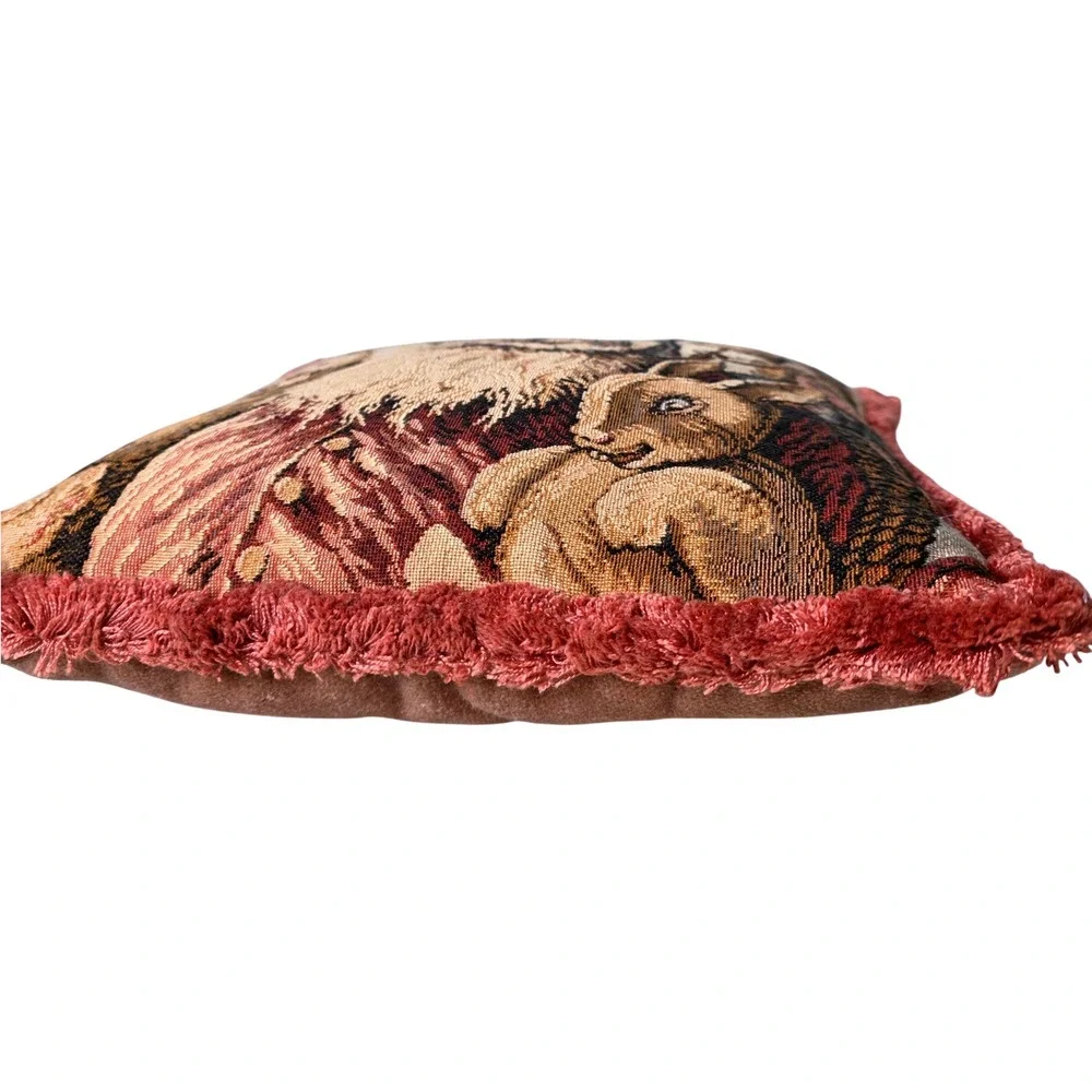 Vtg Christmas Santa Tapestry Throw Pillow Pink Fringe Velvet 10x10 in Victorian
